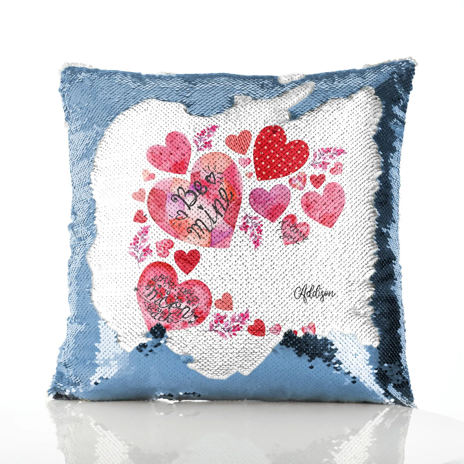 Personalised Sequin Cushion with Stylish Text and Material Hearts Love Message Print