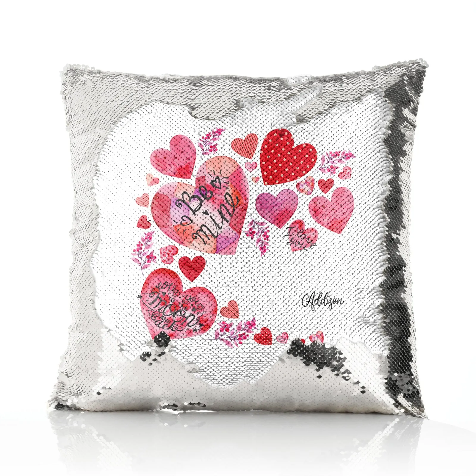 Personalised Sequin Cushion with Stylish Text and Material Hearts Love Message Print