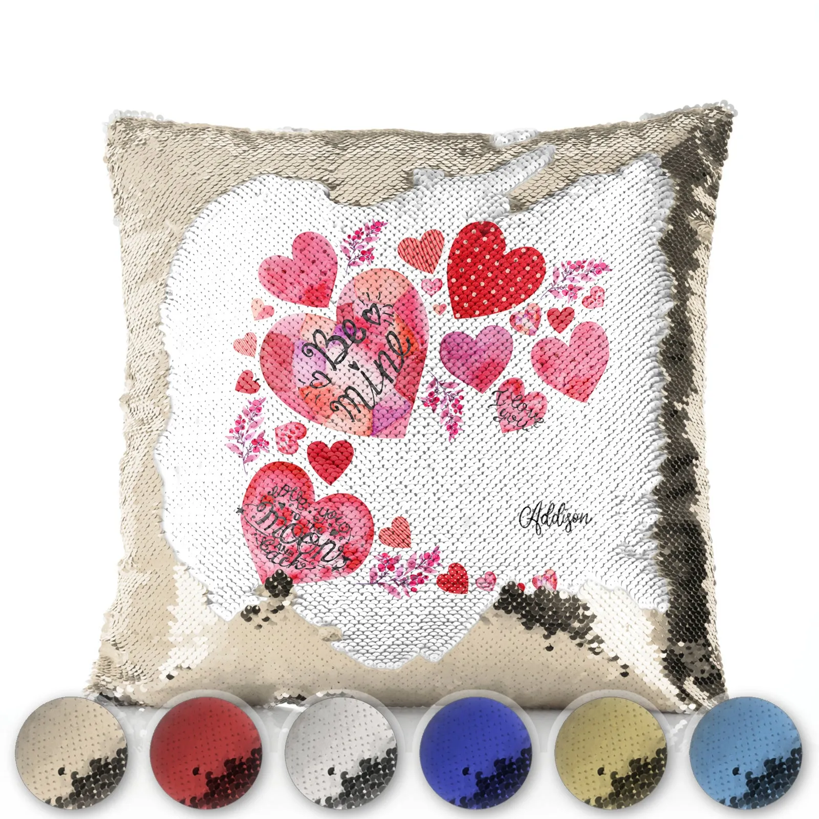 Personalised Sequin Cushion with Stylish Text and Material Hearts Love Message Print