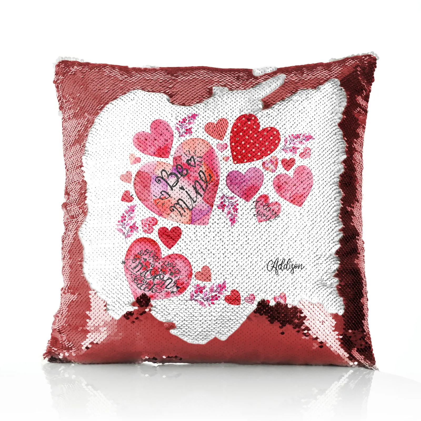 Personalised Sequin Cushion with Stylish Text and Material Hearts Love Message Print