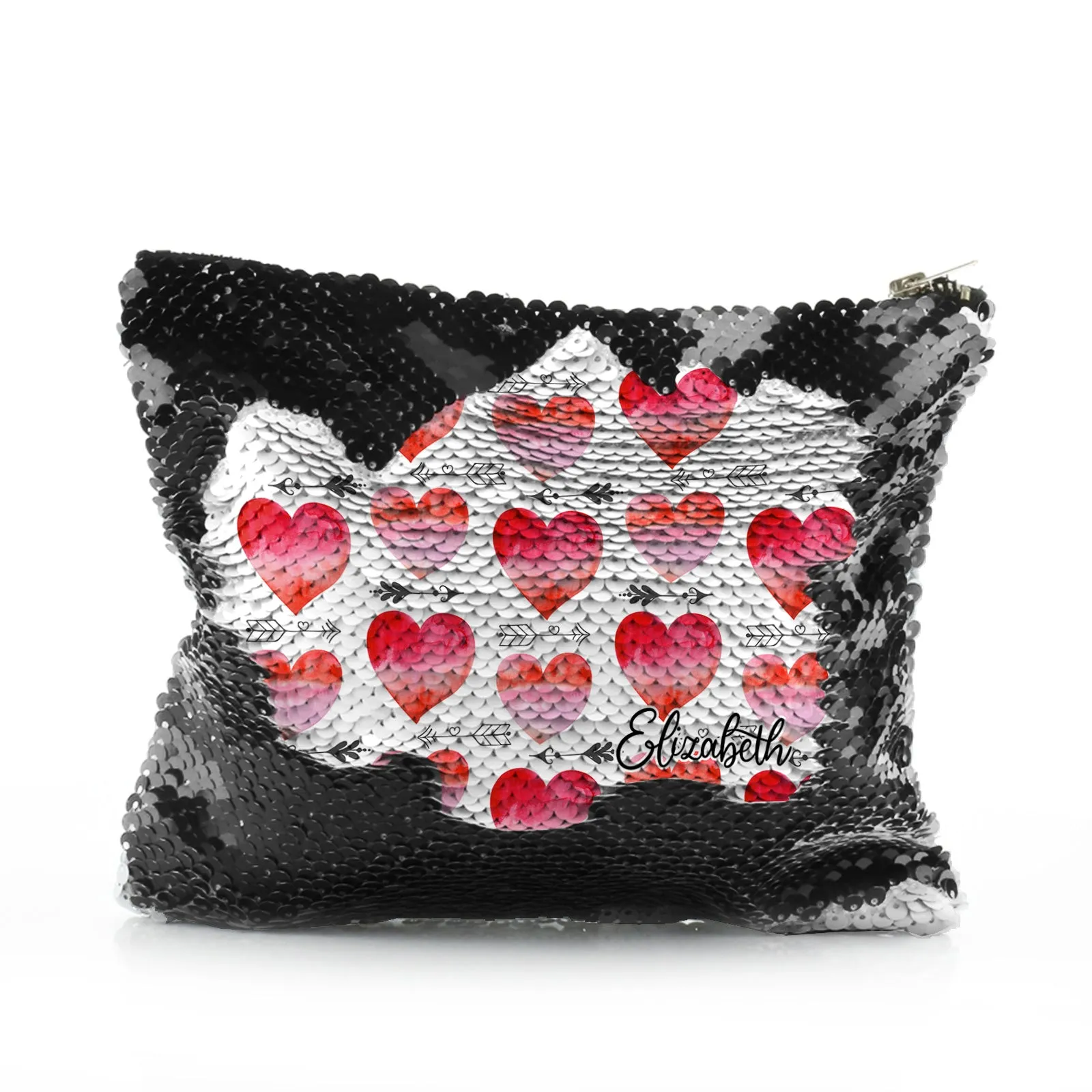 Personalised Sequin Zip Bag with Stylish Text and Arrow Love Hearts Print