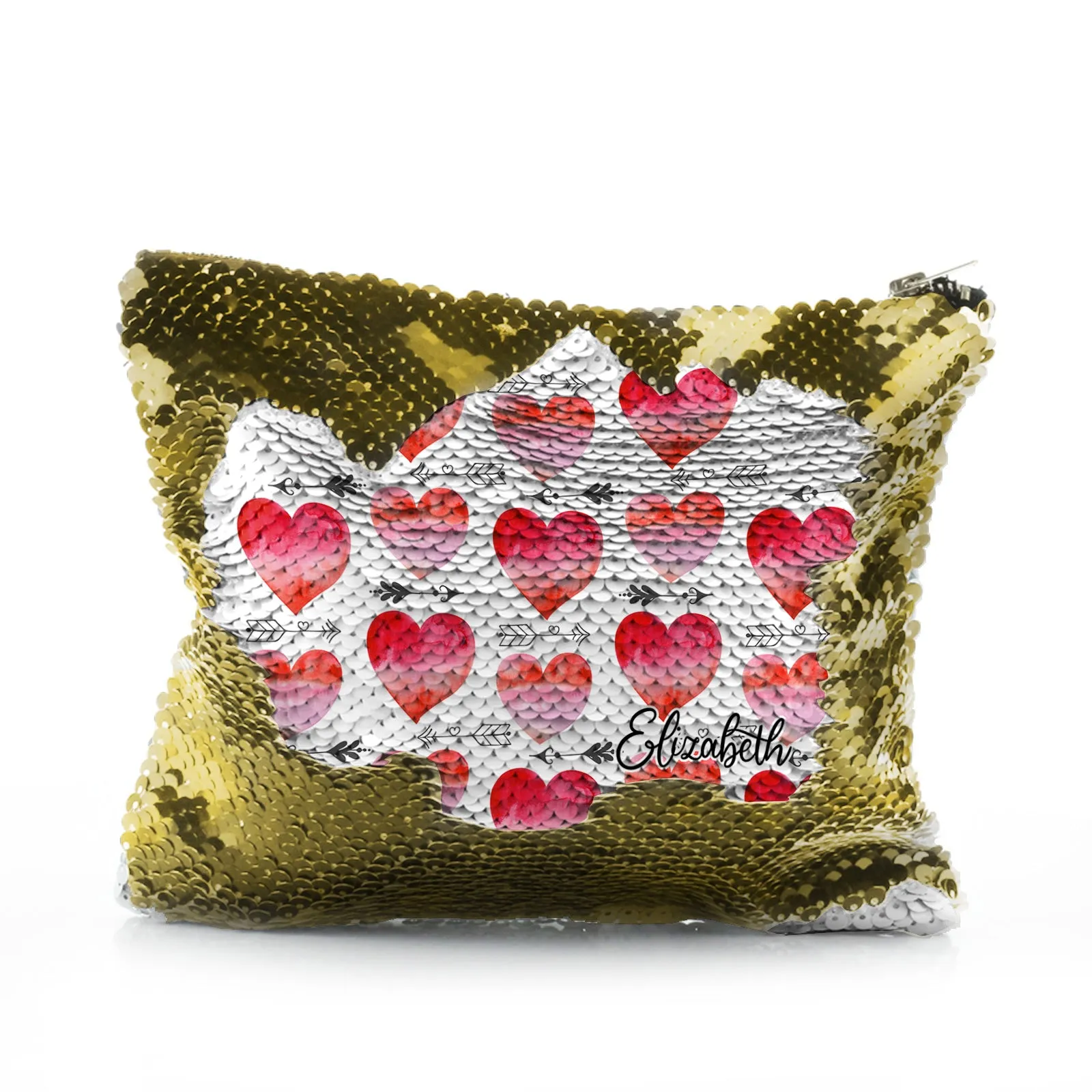 Personalised Sequin Zip Bag with Stylish Text and Arrow Love Hearts Print