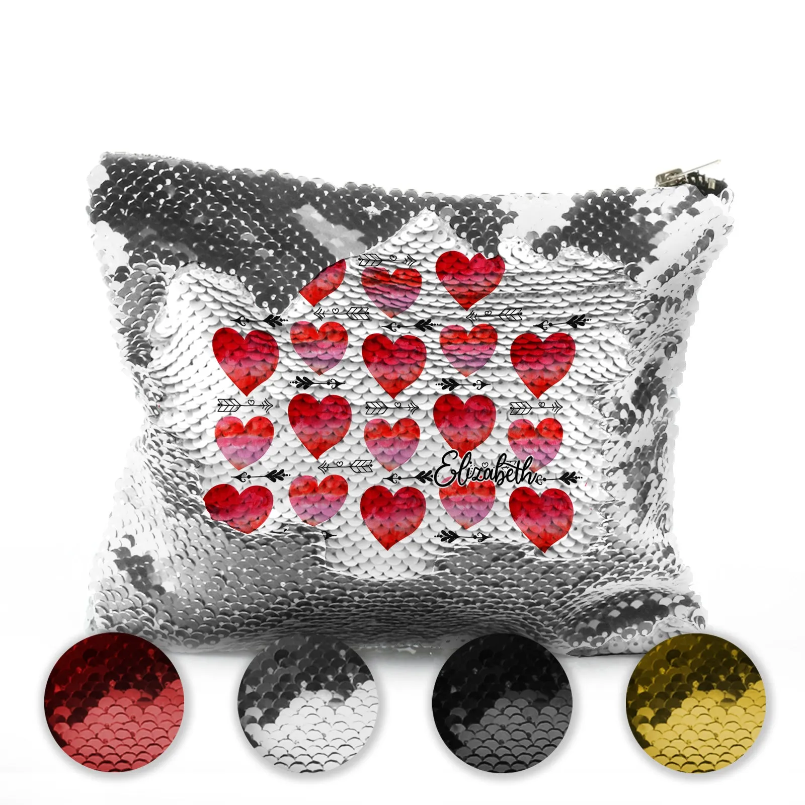 Personalised Sequin Zip Bag with Stylish Text and Arrow Love Hearts Print