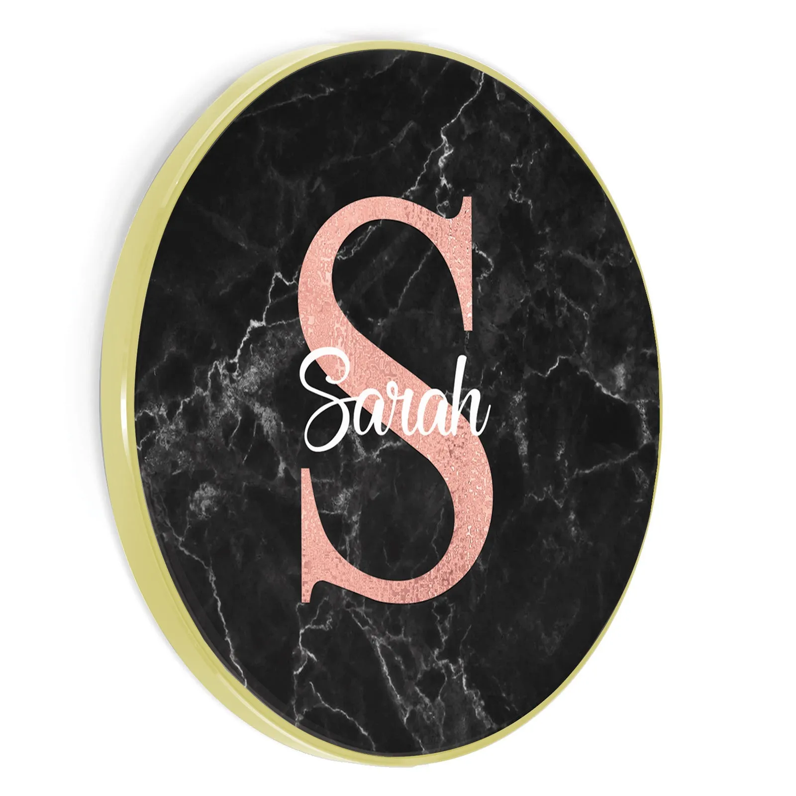 Personalised Wireless Charger with Stylish Pink Monogram and White Text on Black Marble