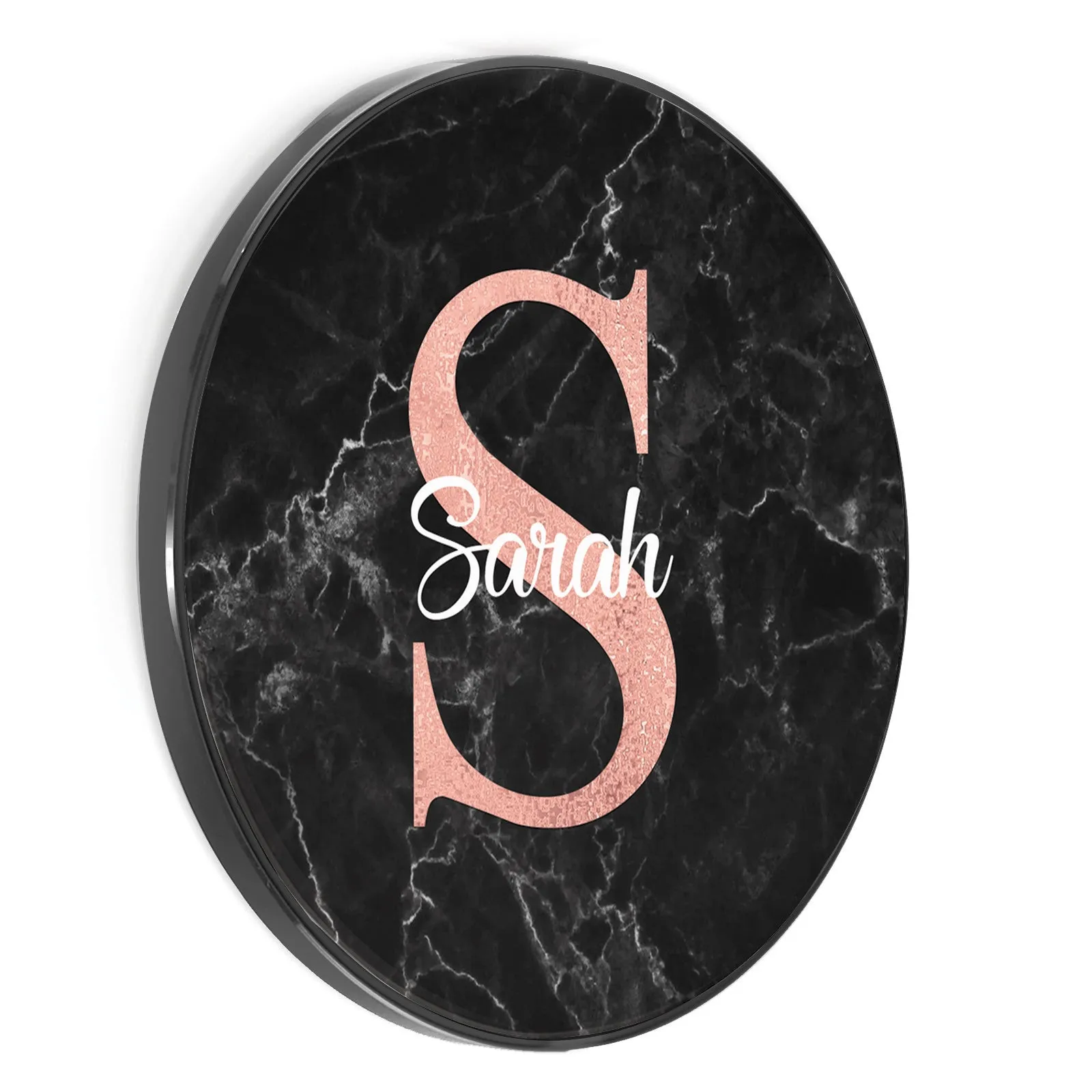 Personalised Wireless Charger with Stylish Pink Monogram and White Text on Black Marble