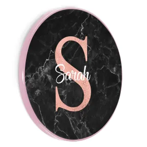 Personalised Wireless Charger with Stylish Pink Monogram and White Text on Black Marble