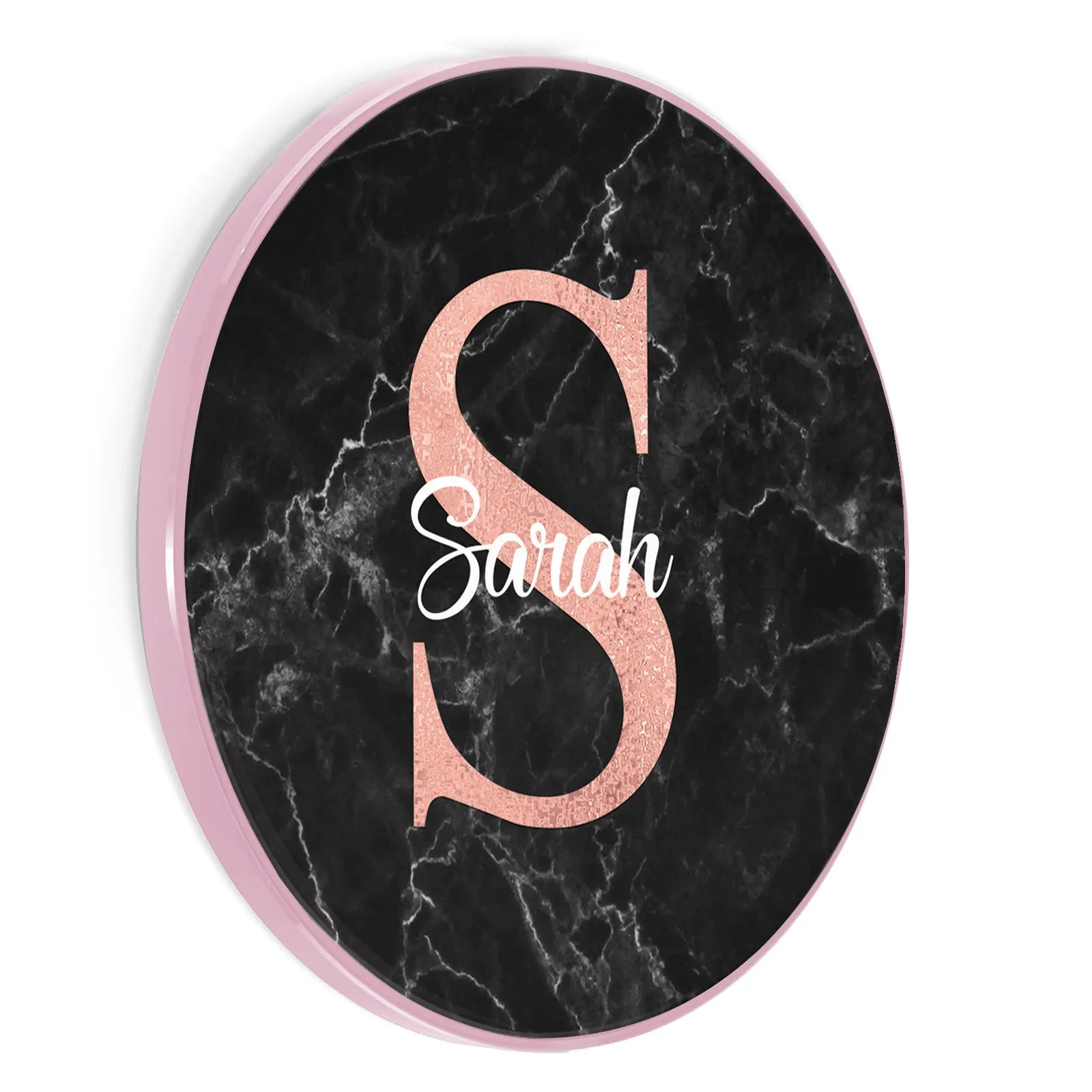 Personalised Wireless Charger with Stylish Pink Monogram and White Text on Black Marble