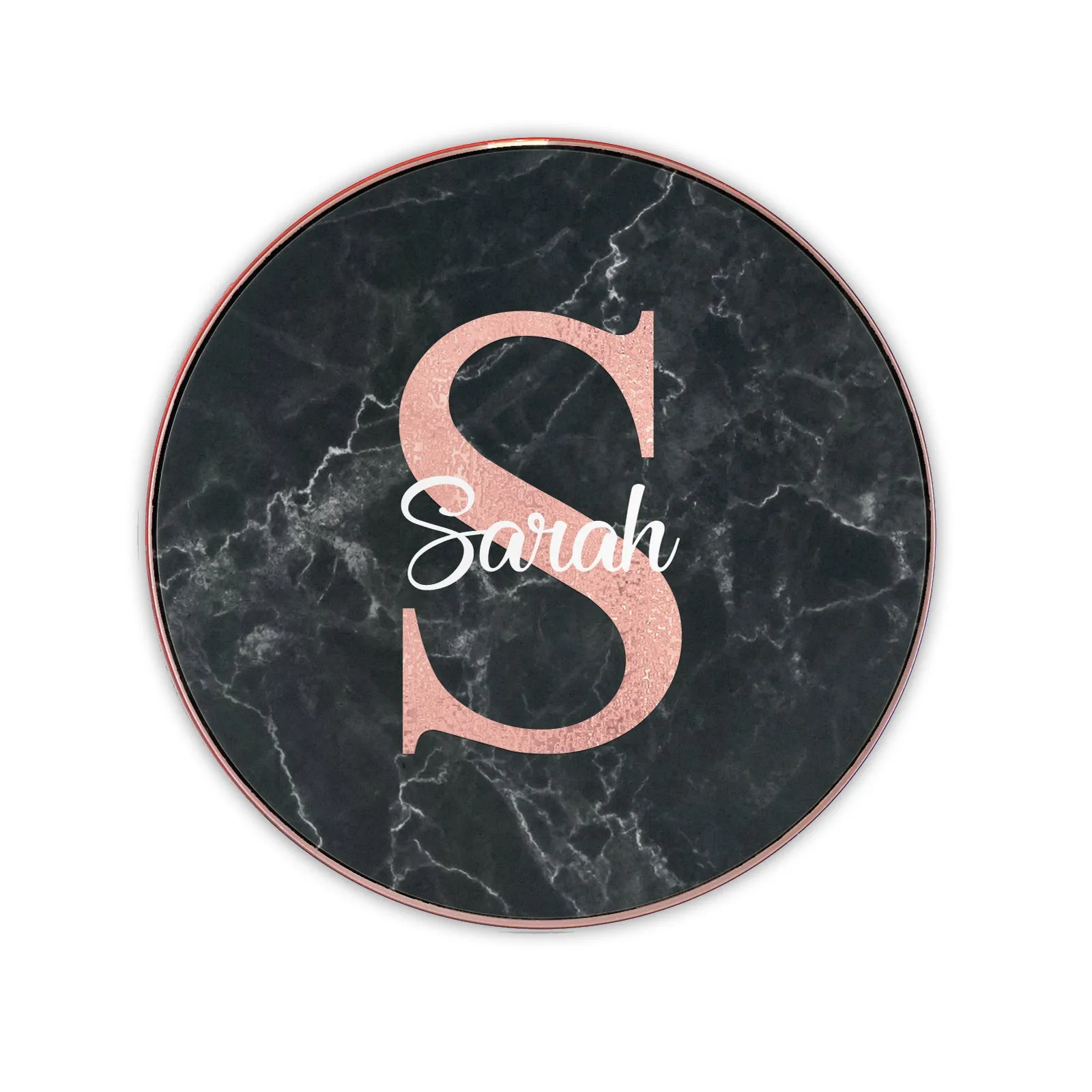 Personalised Wireless Charger with Stylish Pink Monogram and White Text on Black Marble