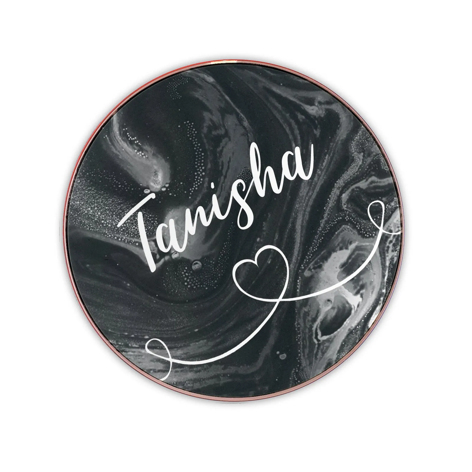 Personalised Wireless Charger with Stylish Text and Heart Accented Line on Black Marble