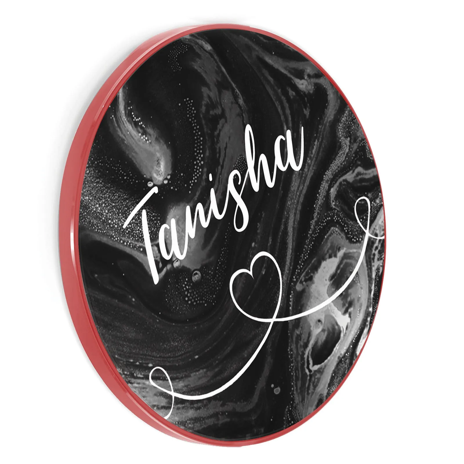 Personalised Wireless Charger with Stylish Text and Heart Accented Line on Black Marble