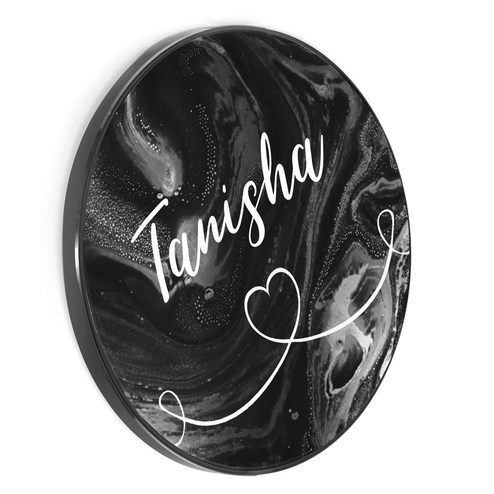 Personalised Wireless Charger with Stylish Text and Heart Accented Line on Black Marble