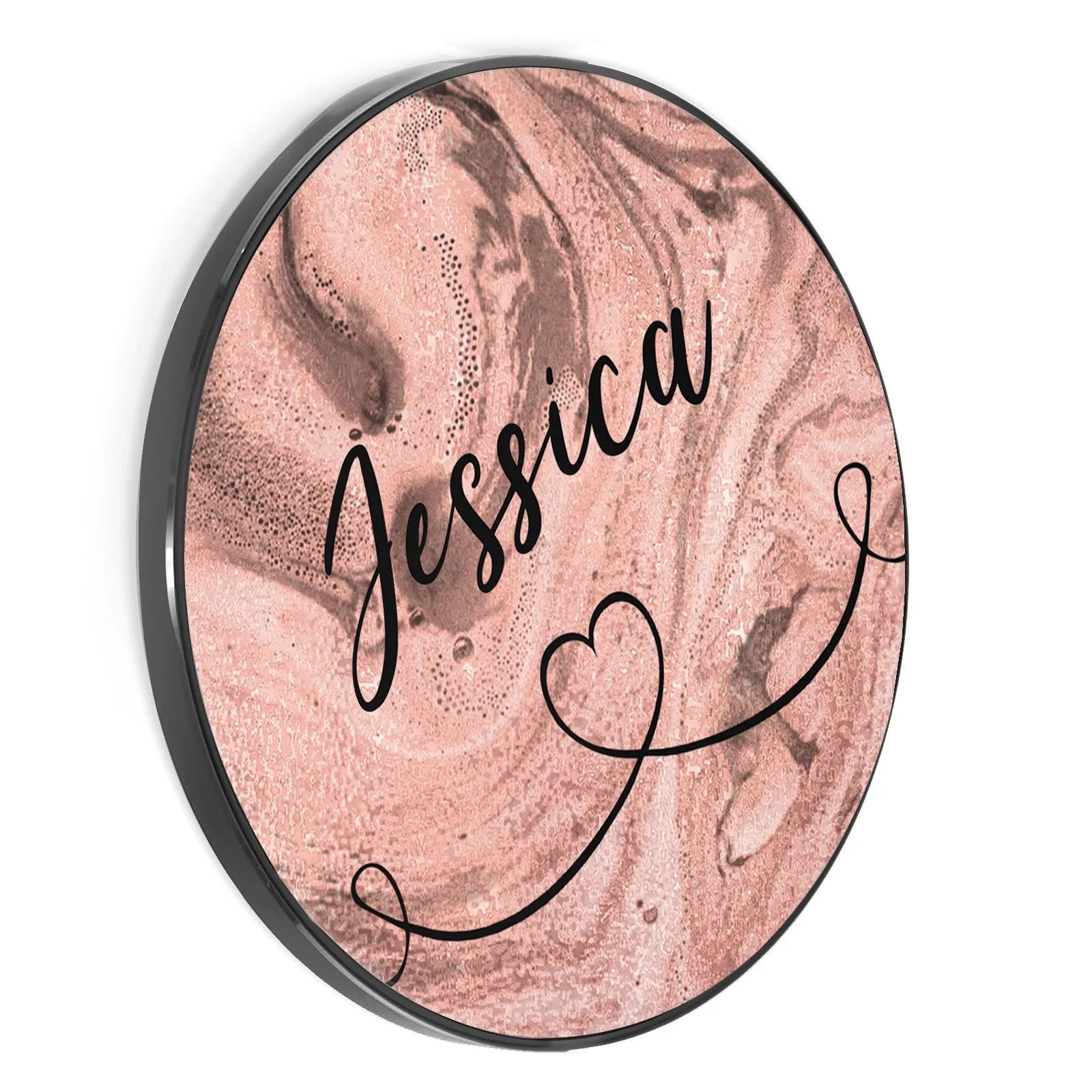 Personalised Wireless Charger with Stylish Text and Heart Accented Line on Pink Marble