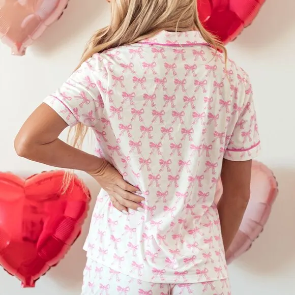 Pink Bowknot Printed Short Sleeve and Ruffled Shorts Pajama Set
