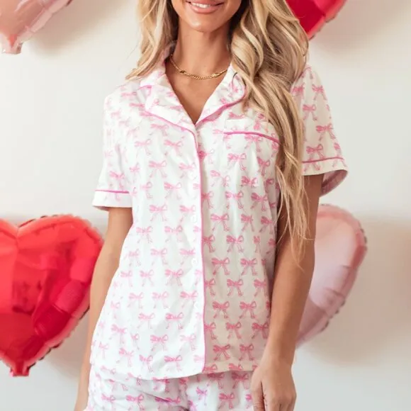 Pink Bowknot Printed Short Sleeve and Ruffled Shorts Pajama Set