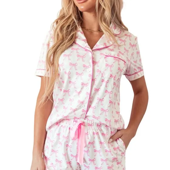 Pink Bowknot Printed Short Sleeve and Ruffled Shorts Pajama Set