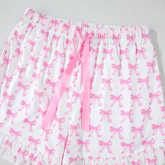 Pink Bowknot Printed Short Sleeve and Ruffled Shorts Pajama Set