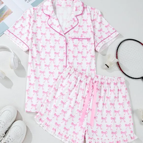 Pink Bowknot Printed Short Sleeve and Ruffled Shorts Pajama Set