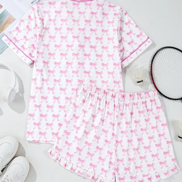 Pink Bowknot Printed Short Sleeve and Ruffled Shorts Pajama Set