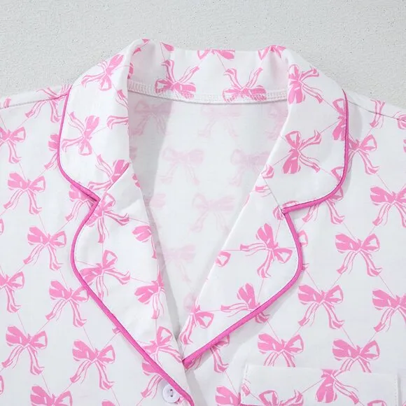 Pink Bowknot Printed Short Sleeve and Ruffled Shorts Pajama Set
