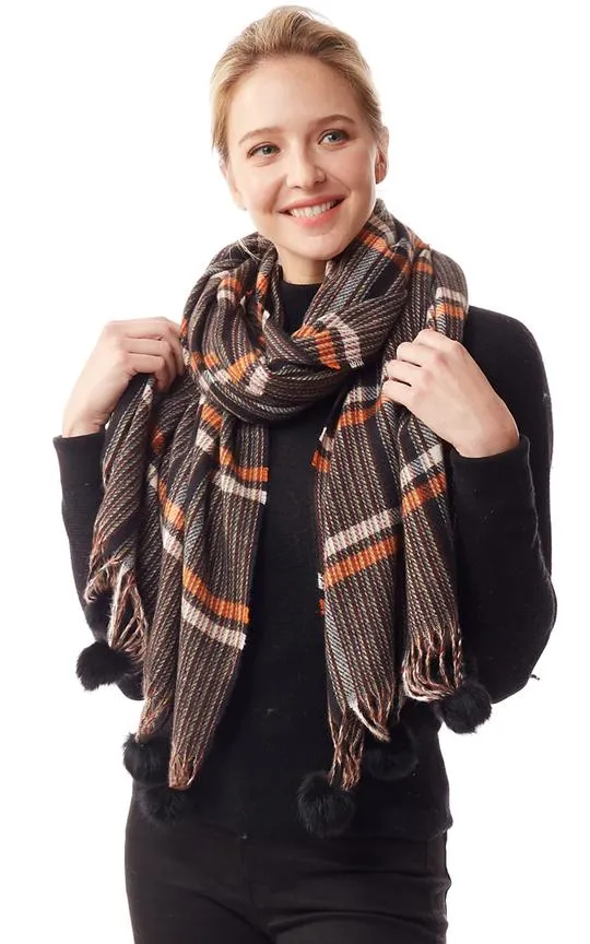 Plaid Check Pattern Pom Pom Scarf (3 colors)