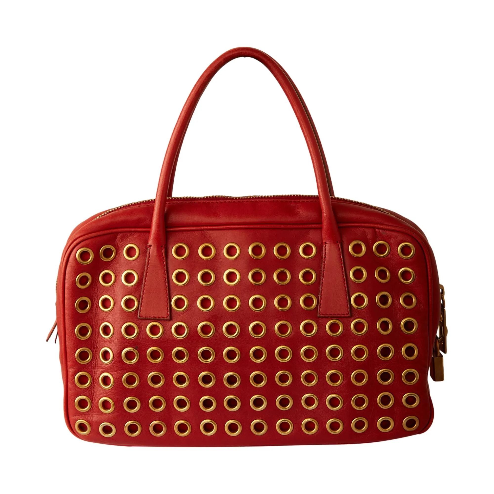 Prada Red Leather Grommet Top Handle Bag