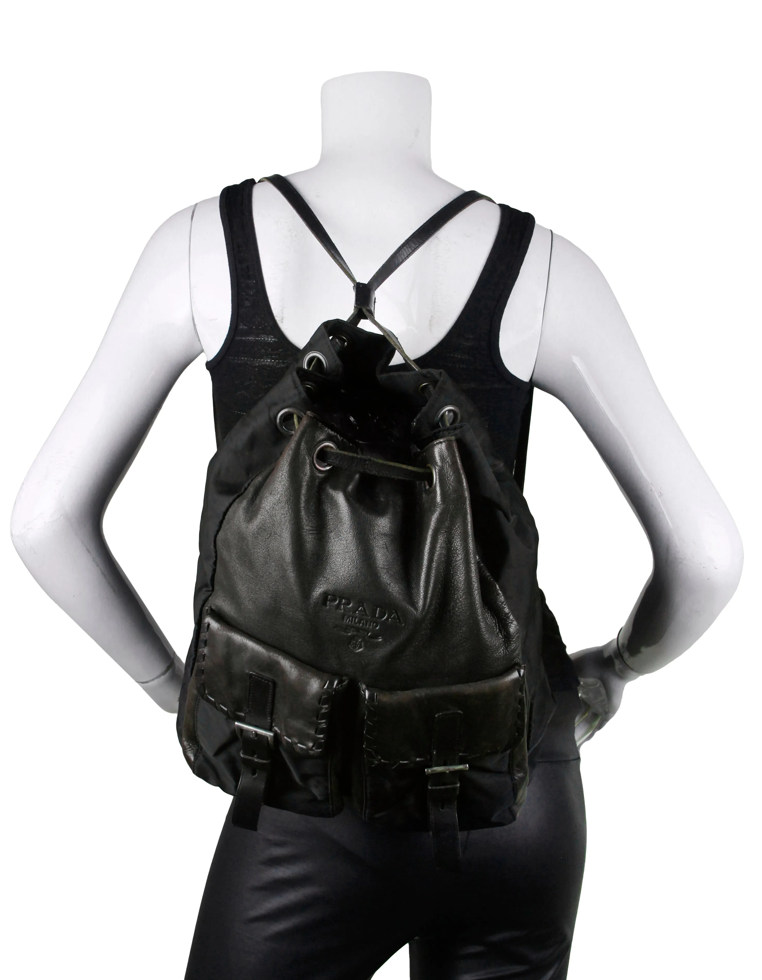 Prada Vintage Nylon/Leather Drawstring Backpack