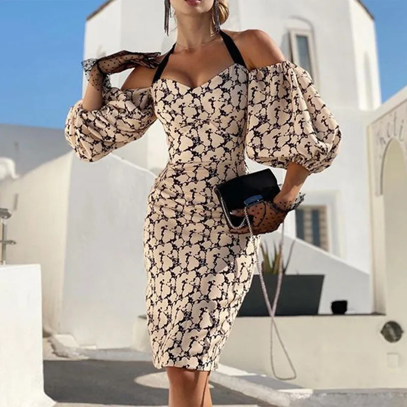 Print Halter Puff Sleeve Midi Dress