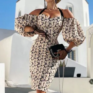 Print Halter Puff Sleeve Midi Dress