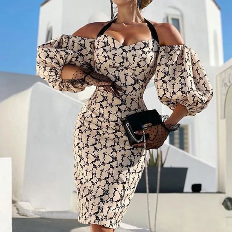 Print Halter Puff Sleeve Midi Dress
