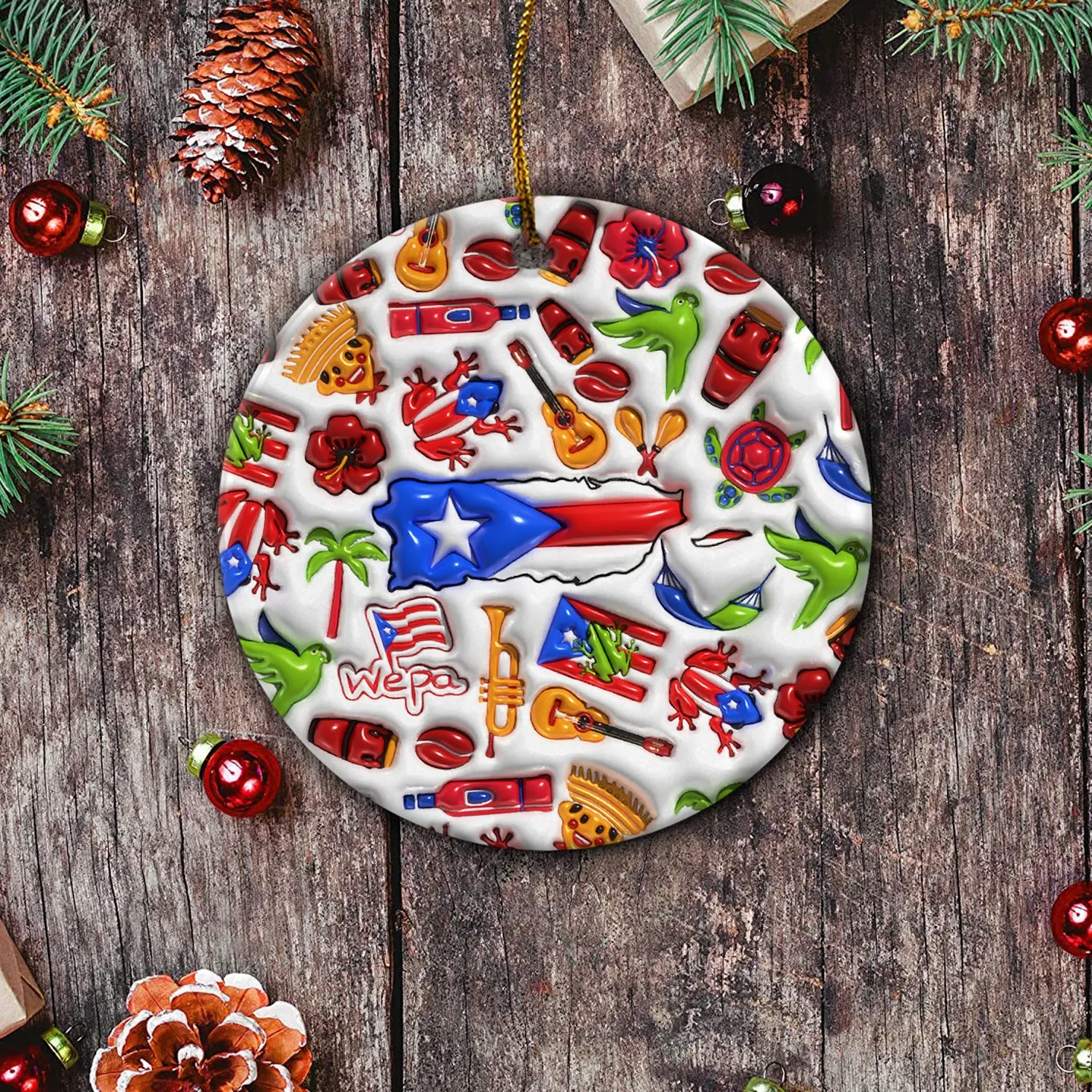 Puerto Rico Ceramic Ornament With Inflated Effect Symbols