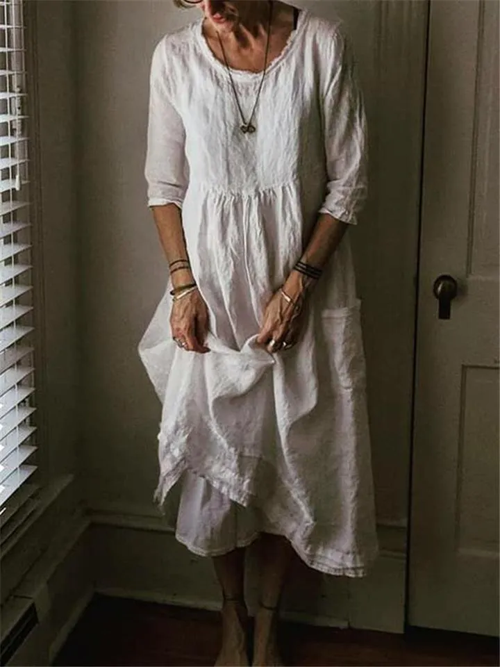 Relaxed Fit Round Neck Half Sleeve Solid Color Pullover Flare Dress