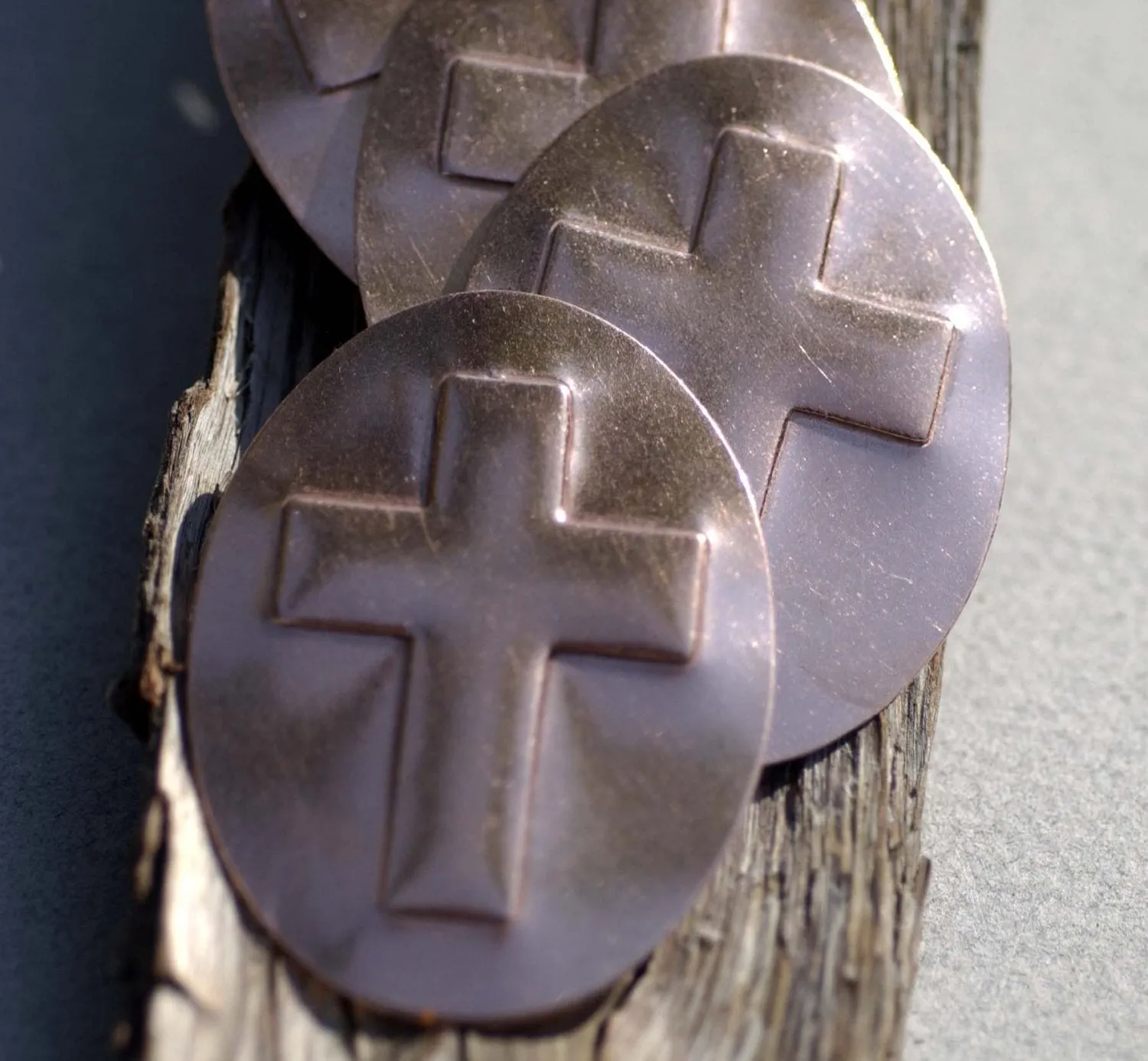 Religious Cross Embossed on Oval Blanks Enameling Stamping Texturing - 4 pieces