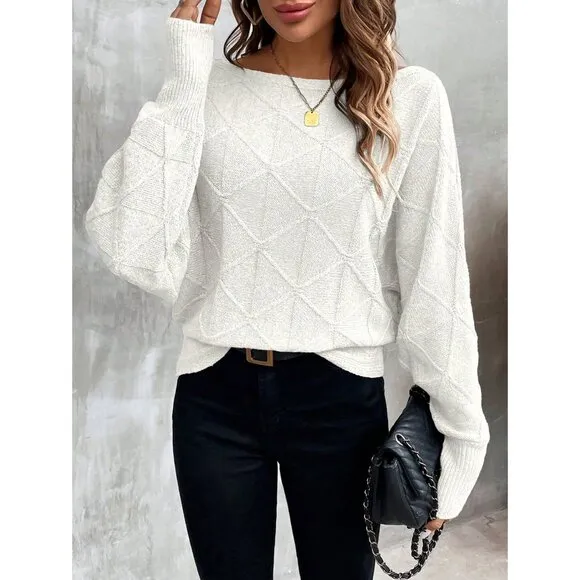 Ribbed knit crosshatch crewneck sweater batwing tan
