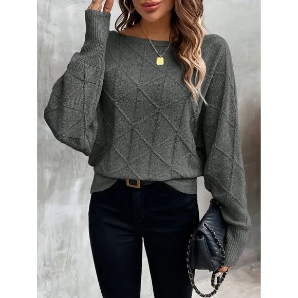 Ribbed knit crosshatch crewneck sweater batwing tan
