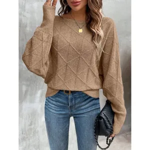 Ribbed knit crosshatch crewneck sweater batwing tan