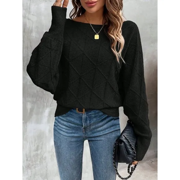 Ribbed knit crosshatch crewneck sweater batwing tan