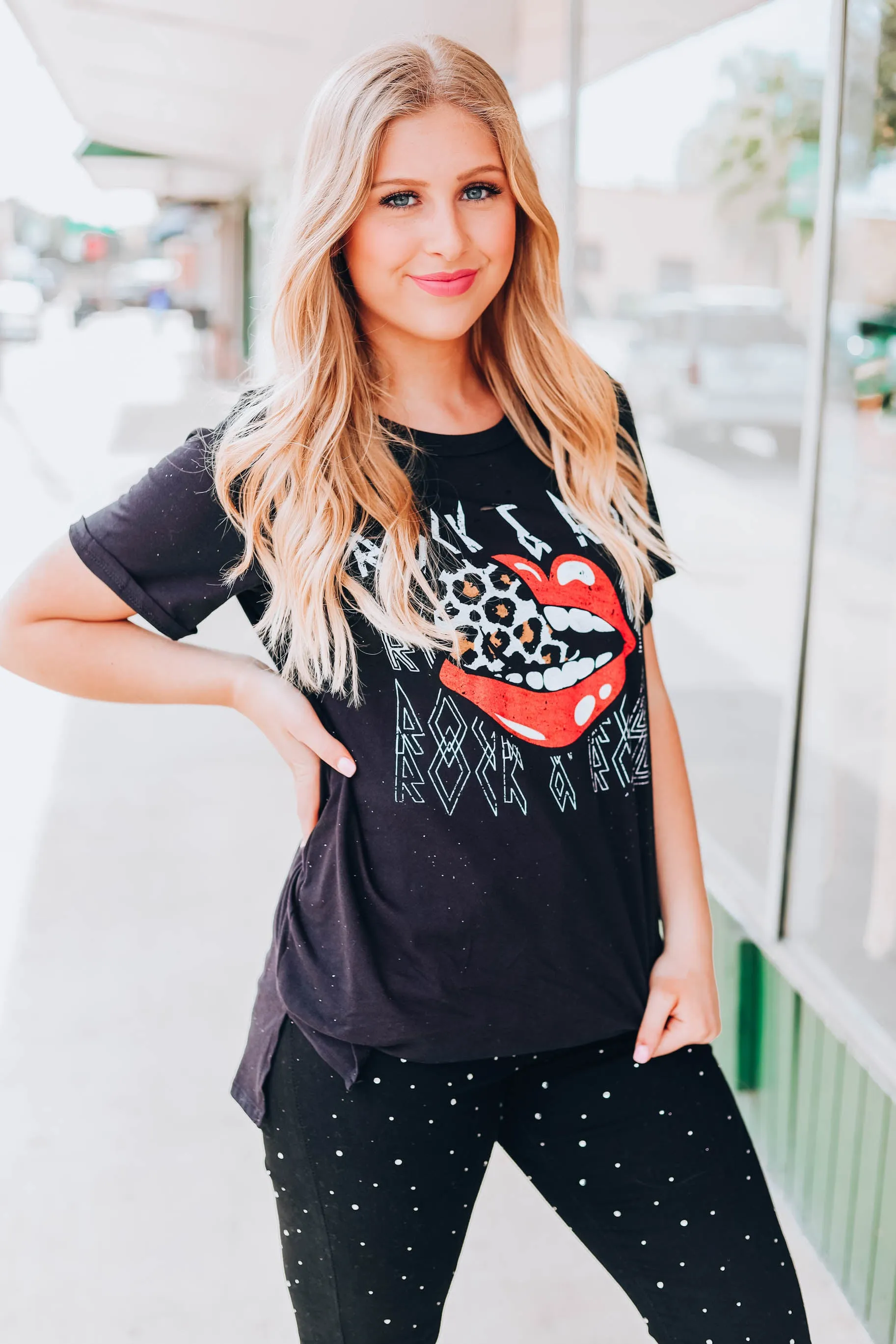 Rock & Roll Leopard Lip Graphic Tee - Black