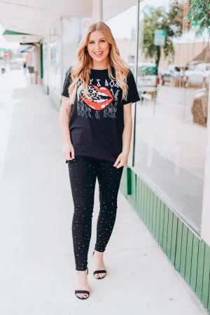Rock & Roll Leopard Lip Graphic Tee - Black