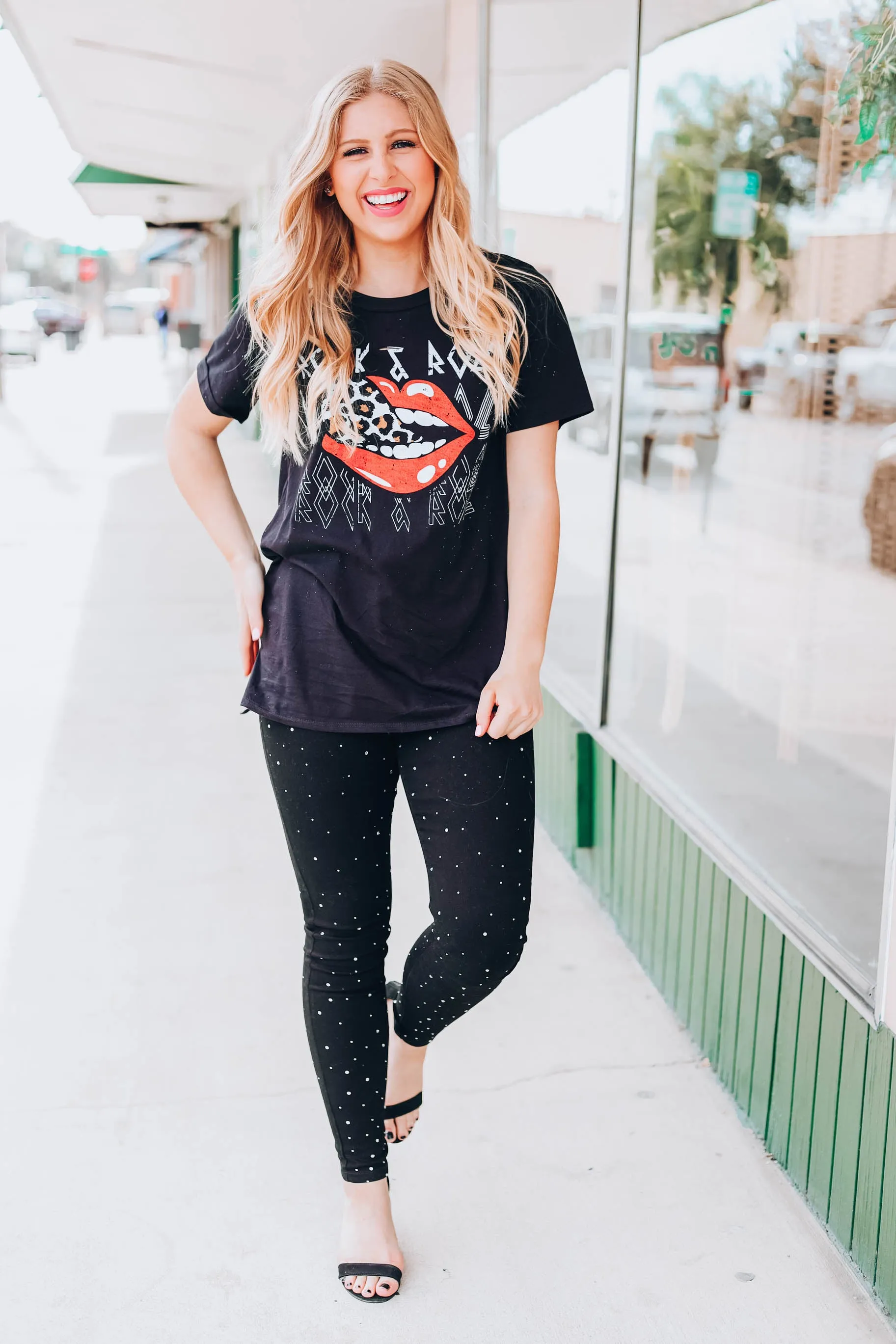 Rock & Roll Leopard Lip Graphic Tee - Black