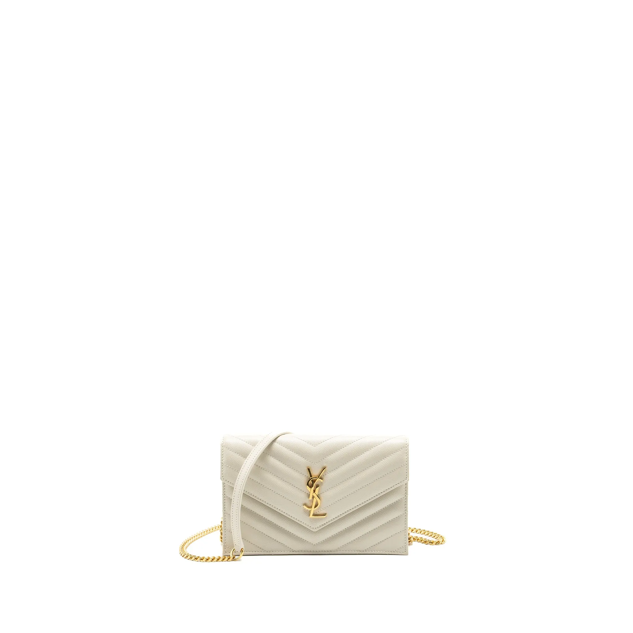 Saint Laurent envelope chain wallet grained calfskin cream soft GHW