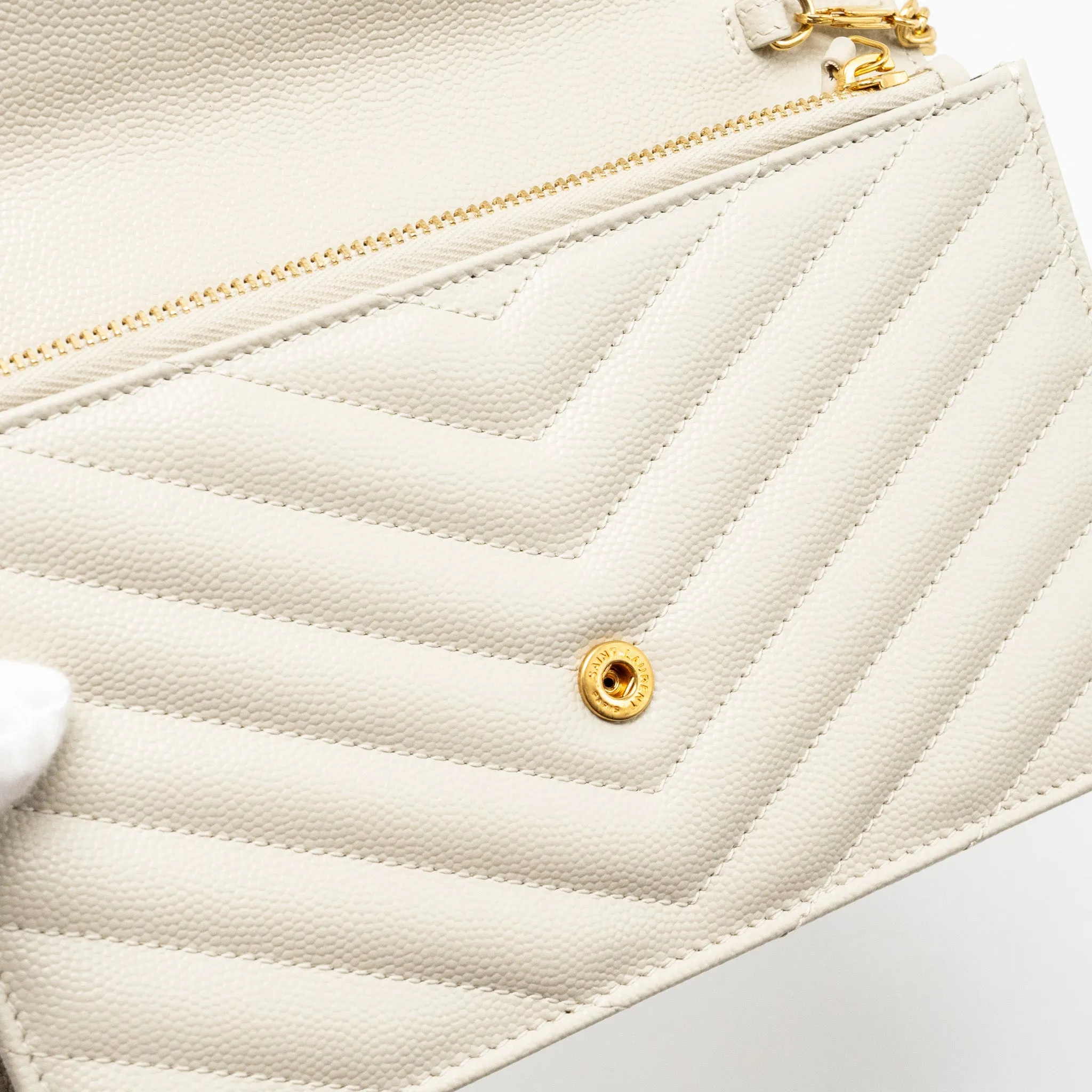 Saint Laurent envelope chain wallet grained calfskin cream soft GHW