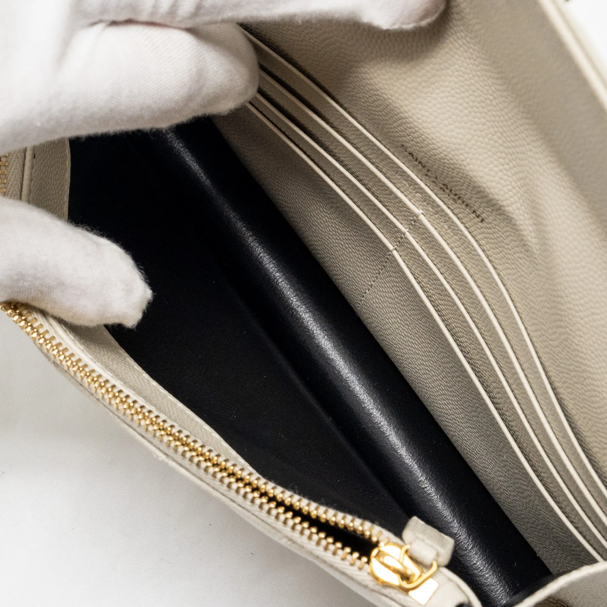 Saint Laurent envelope chain wallet grained calfskin cream soft GHW
