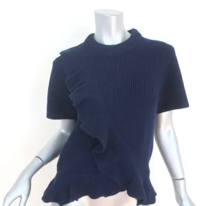 SEA Ruffle Sweater Navy Ribbed Wool Size Medium Short Sleeve Top
