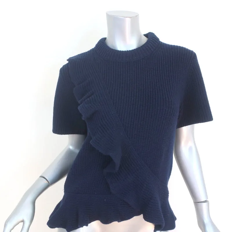SEA Ruffle Sweater Navy Ribbed Wool Size Medium Short Sleeve Top