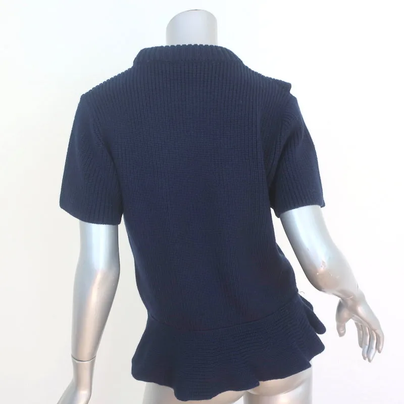 SEA Ruffle Sweater Navy Ribbed Wool Size Medium Short Sleeve Top