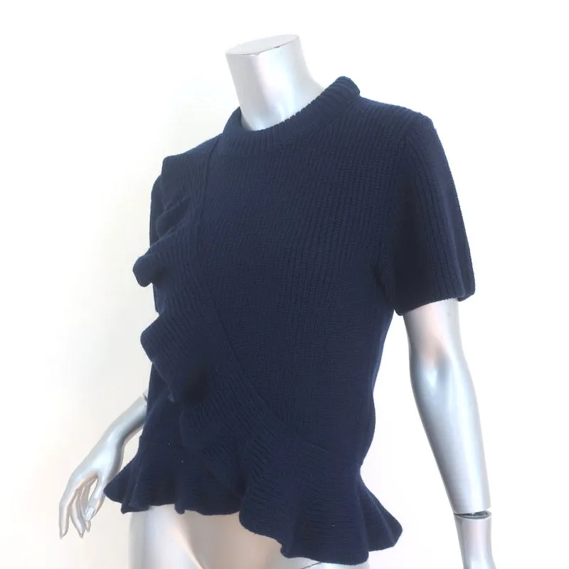 SEA Ruffle Sweater Navy Ribbed Wool Size Medium Short Sleeve Top