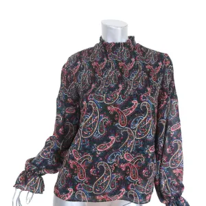 Senlis Blouse Navy Smocked Paisley Print Size Small Long Sleeve Top