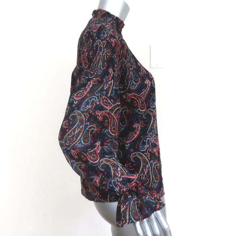 Senlis Blouse Navy Smocked Paisley Print Size Small Long Sleeve Top