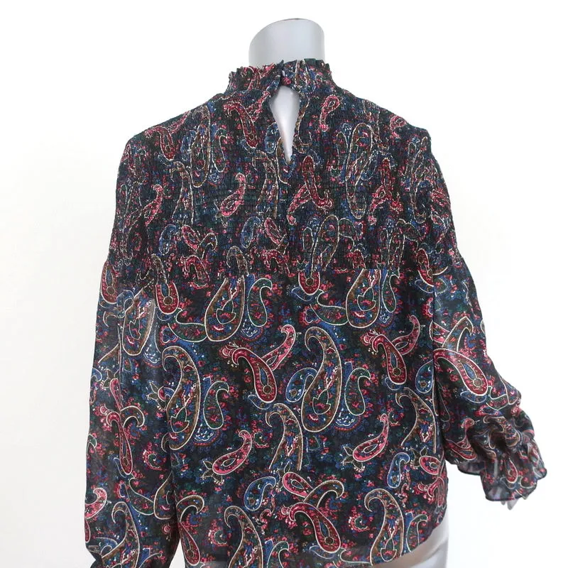 Senlis Blouse Navy Smocked Paisley Print Size Small Long Sleeve Top