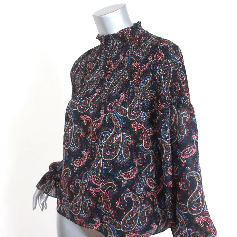 Senlis Blouse Navy Smocked Paisley Print Size Small Long Sleeve Top